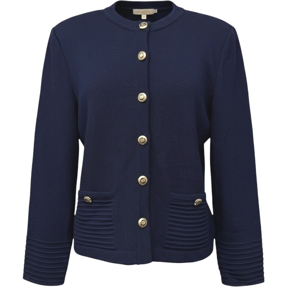 St. John Cardigan Womens 8 Navy Blue Gold Crest Button Santana Knit‎ Jacket